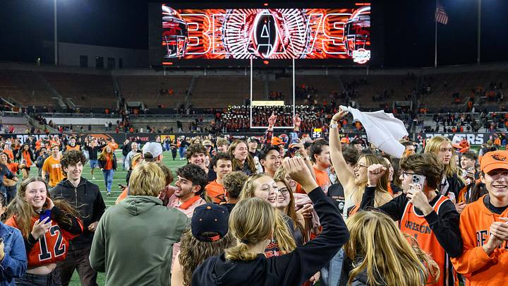 Oct 18, 2025; Corvallis, Oregon, USA; Oregon State Beavers fans celebrate on the field after defeating the Lafayette Leopards at Reser Stadium. Mandatory Credit: Craig Strobeck-Imagn Images Oct 18, 2025; Corvallis, Oregon, USA; Oregon State Beavers fans celebrate on the field after defeating the Lafayette Leopards at Reser Stadium. Mandatory Credit: Craig Strobeck-Imagn Images