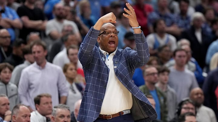 Mar 28, 2024; Los Angeles, CA, USA; North Carolina Tar Heels head coach Hubert Davis reacts in the second half against the Alabama Crimson Tide in the semifinals of the West Regional of the 2024 NCAA Tournament at Crypto.com Arena. Mandatory Credit: Kirby Lee-Imagn Images