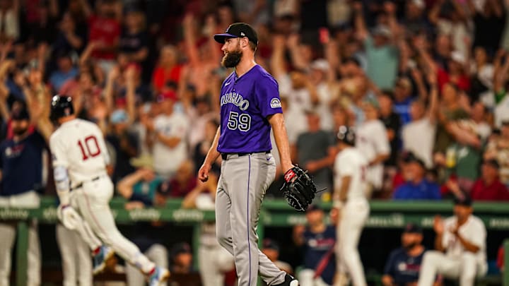 Jul 8, 2025; Boston, Massachusetts, USA; Boston Red Sox shortstop Trevor Story (10) hits a two run home run against Colorado Rockies pitcher Jake Bird (59) in the seventh inning at Fenway Park. Mandatory Credit: David Butler II-Imagn Images