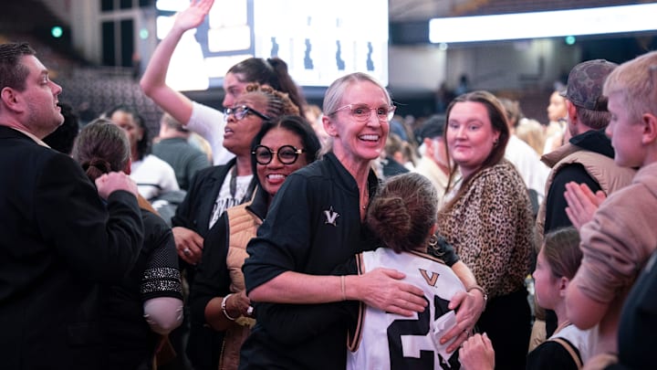 Vanderbilt coach Shea Ralph celebrates with fans after beating Louisiana State at Memorial Gymnasium Sunday, Jan. 4, 2026. Vanderbilt coach Shea Ralph celebrates with fans after beating Louisiana State at Memorial Gymnasium Sunday, Jan. 4, 2026.
