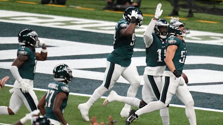 Feb 9, 2025; New Orleans, LA, USA; Philadelphia Eagles linebacker Zack Baun (53) reacts after making an interception against the Kansas City Chiefs during the second quarter in Super Bowl LIX at Caesars Superdome. Mandatory Credit: Kirby Lee-Imagn Images