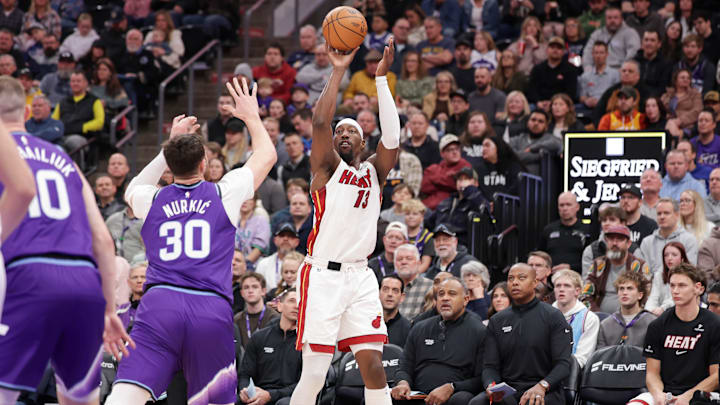 Jan 24, 2026; Salt Lake City, Utah, USA; Miami Heat center/forward Bam Adebayo (13) shoots an open jump shot against the Utah Jazz during the first quarter at Delta Center. Mandatory Credit: Chris Nicoll-Imagn Images Jan 24, 2026; Salt Lake City, Utah, USA; Miami Heat center/forward Bam Adebayo (13) shoots an open jump shot against the Utah Jazz during the first quarter at Delta Center. Mandatory Credit: Chris Nicoll-Imagn Images