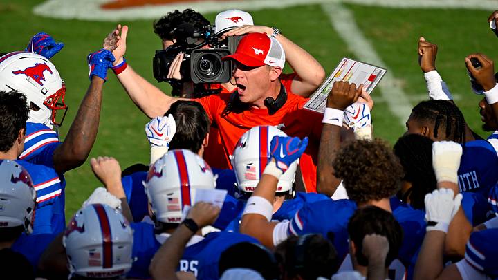 Sep 12, 2026; Dallas, Texas, USA; SMU Mustangs head coach Rhett Lashlee yells to his team during the second half against the UC Davis Aggies at Gerald J. Ford Stadium. Mandatory Credit: Jerome Miron-Imagn Images Sep 12, 2026; Dallas, Texas, USA; SMU Mustangs head coach Rhett Lashlee yells to his team during the second half against the UC Davis Aggies at Gerald J. Ford Stadium. Mandatory Credit: Jerome Miron-Imagn Images