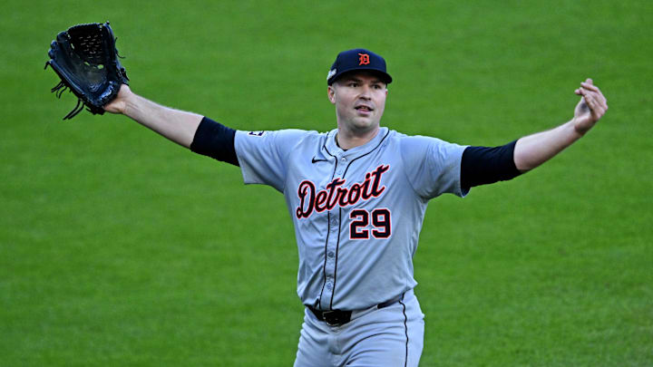 Oct 7, 2024; Cleveland, Ohio, USA; Detroit Tigers pitcher Tarik Skubal (29) celebrates after a double play that ended the sixth inning against the Cleveland Guardians during game two of the ALDS for the 2024 MLB Playoffs at Progressive Field.