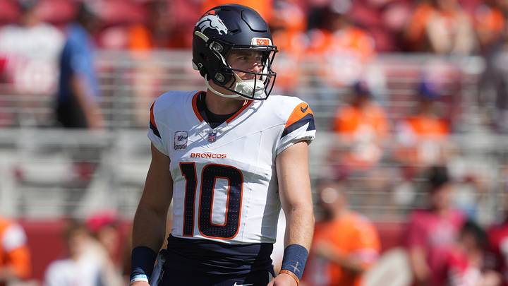 Oct 4, 2026; Santa Clara, California, USA; Denver Broncos quarterback Bo Nix (10) before the game against the San Francisco 49ers at Levi's Stadium. 