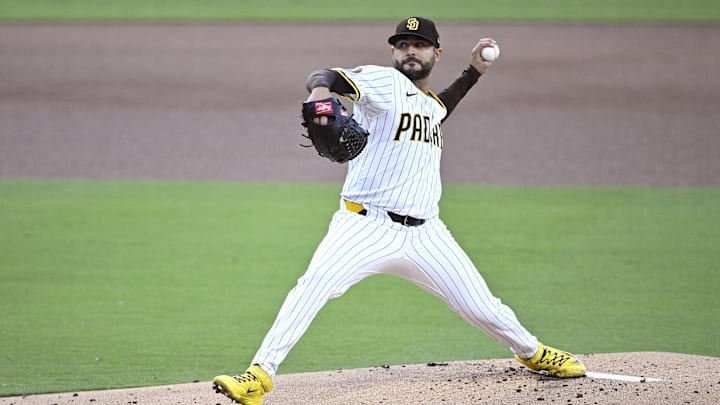 Sep 21, 2024; San Diego, California, USA; San Diego Padres starting pitcher Martin Perez (54) pitches against the Chicago White Sox during the first inning at Petco Park. Mandatory Credit: Orlando Ramirez-Imagn Images
