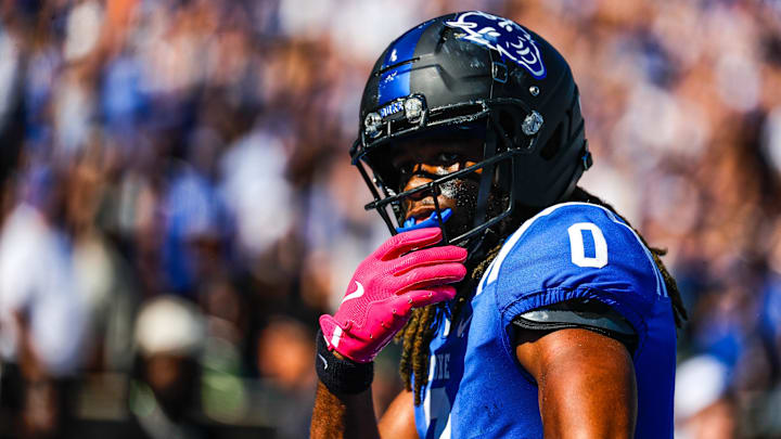 Oct 18, 2025; Durham, North Carolina, USA; Duke Blue Devils tight end Landen King (0) catches the ball and celebrates a touchdown during the first half of the game against Georgia Tech Yellow Jackets at Wallace Wade Stadium. Mandatory Credit: Jaylynn Nash-Imagn Images