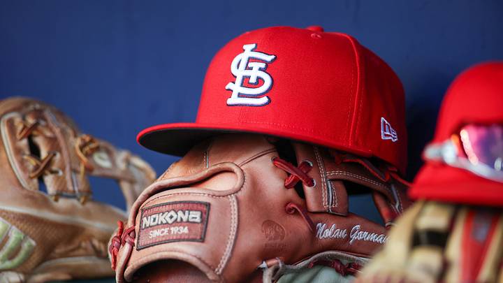 Sep 5, 2023; Atlanta, Georgia, USA; A detailed view of the hat and glove of St. Louis Cardinals second baseman Nolan Gorman (not pictured) before a game against the Atlanta Braves at Truist Park. Mandatory Credit: Brett Davis-Imagn Images Sep 5, 2023; Atlanta, Georgia, USA; A detailed view of the hat and glove of St. Louis Cardinals second baseman Nolan Gorman (not pictured) before a game against the Atlanta Braves at Truist Park. Mandatory Credit: Brett Davis-Imagn Images