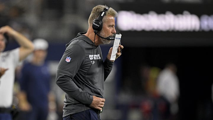 Aug 16, 2025; Arlington, Texas, USA; Dallas Cowboys defensive coordinator Matt Eberflus looks on during the game between the Dallas Cowboys and the Baltimore Ravens at AT&T Stadium.