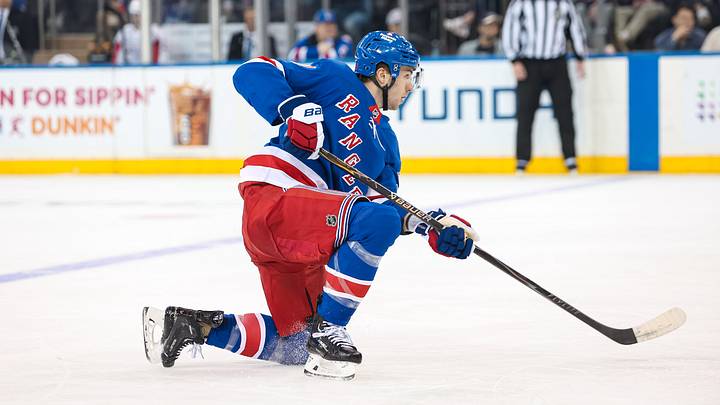 Apr 5, 2026; New York, New York, USA; New York Rangers left wing Will Cuylle (50) takes a shot against the Washington Capitals during the third period at Madison Square Garden. Mandatory Credit: Danny Wild-Imagn Images