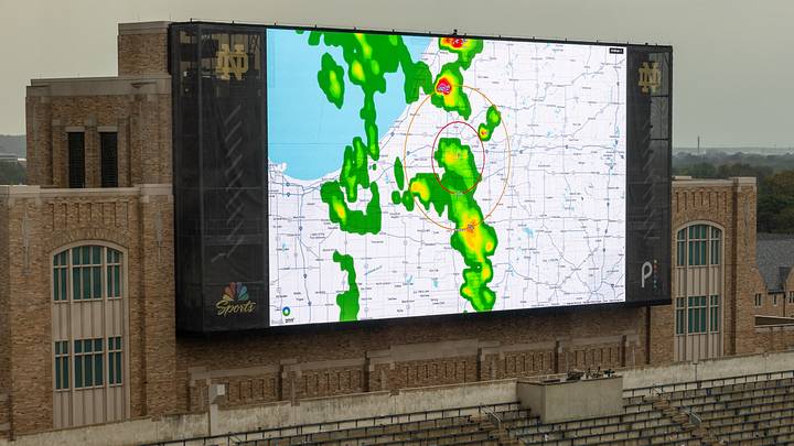 Sep 20, 2025; South Bend, Indiana, USA; A radar image on the scoreboard during a rain delay of the Notre Dame vs. Purdue football game in the first half at Notre Dame Stadium. 