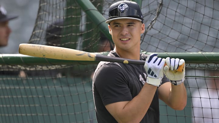 May 26, 2025; Anaheim, California, USA;  New York Yankees shortstop Anthony Volpe (11) prior to the game against the Los Angeles Angels at Angel Stadium. Mandatory Credit: Jayne Kamin-Oncea-Imagn Images