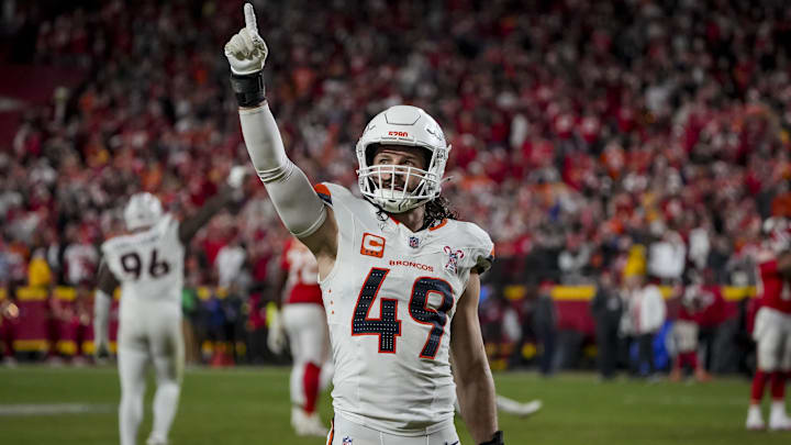 Dec 25, 2025; Kansas City, Missouri, USA; Denver Broncos linebacker Alex Singleton (49) celebrates after the game at GEHA Field at Arrowhead Stadium. 
