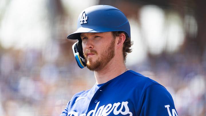 Feb 23, 2026; Phoenix, Arizona, USA; Los Angeles Dodgers outfielder James Tibbs III against the Seattle Mariners during a spring training game at Camelback Ranch-Glendale. Mandatory Credit: Mark J. Rebilas-Imagn Images
