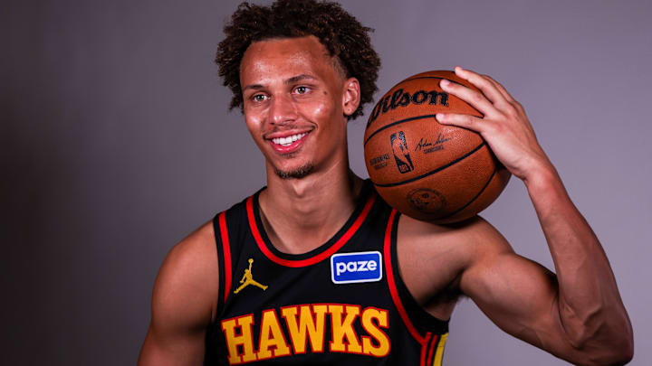 Sep 29, 2025; Atlanta, GA, USA; Atlanta Hawks guard Dyson Daniels (5) poses for a photo at media day. Mandatory Credit: Brett Davis-Imagn Images