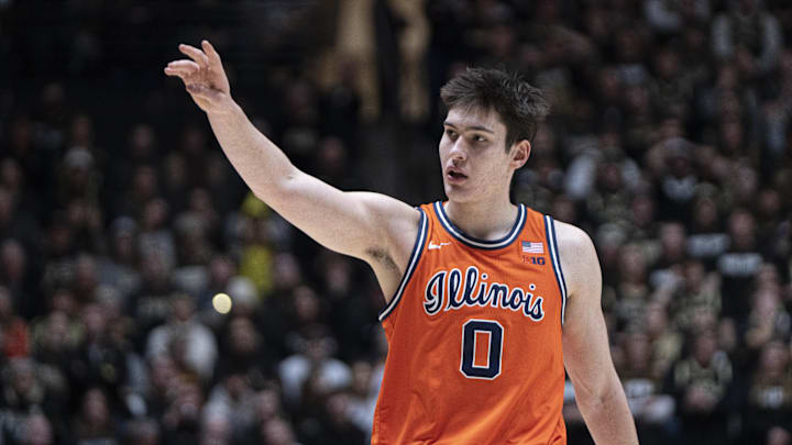 Jan 24, 2026; West Lafayette, Indiana, USA; Illinois Fighting Illini forward David Mirkovic (0) waves for a teammate during the first half against the Purdue Boilermakers at Mackey Arena. Mandatory Credit: Jacob Musselman-Imagn Images Jan 24, 2026; West Lafayette, Indiana, USA; Illinois Fighting Illini forward David Mirkovic (0) waves for a teammate during the first half against the Purdue Boilermakers at Mackey Arena. Mandatory Credit: Jacob Musselman-Imagn Images