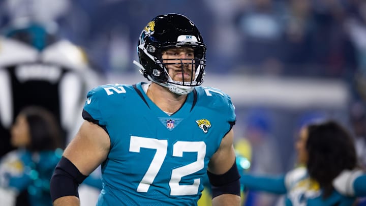 Jan 14, 2023; Jacksonville, Florida, USA; Jacksonville Jaguars offensive tackle Walker Little (72)