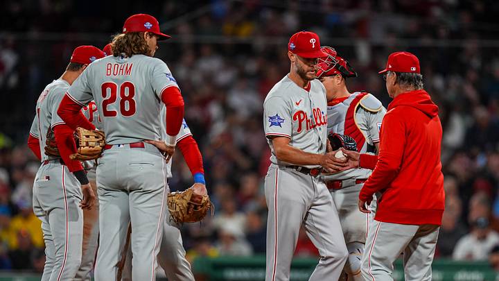 May 12, 2026; Boston, Massachusetts, USA; Philadelphia Phillies pitcher Zack Wheeler (45) is relived by interim manager Don Mattingly (8) against the Boston Red Sox in the eighth inning at Fenway Park. May 12, 2026; Boston, Massachusetts, USA; Philadelphia Phillies pitcher Zack Wheeler (45) is relived by interim manager Don Mattingly (8) against the Boston Red Sox in the eighth inning at Fenway Park.