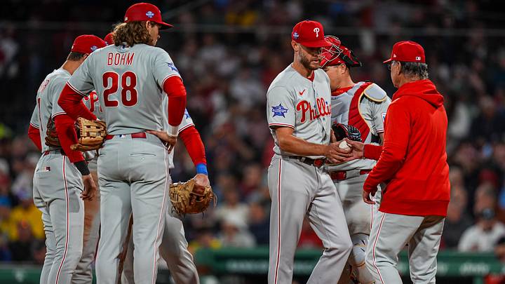 May 12, 2026; Boston, Massachusetts, USA; Philadelphia Phillies pitcher Zack Wheeler (45) is relived by interim manager Don Mattingly (8) against the Boston Red Sox in the eighth inning at Fenway Park. May 12, 2026; Boston, Massachusetts, USA; Philadelphia Phillies pitcher Zack Wheeler (45) is relived by interim manager Don Mattingly (8) against the Boston Red Sox in the eighth inning at Fenway Park.