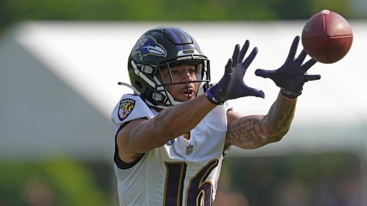 Jul 28, 2021; Owings Mills, MD, United States; Baltimore Ravens wide receiver Tylan Wallace (16) makes a catch at Under Armour Performance Center. Mandatory Credit: Mitch Stringer-Imagn Images