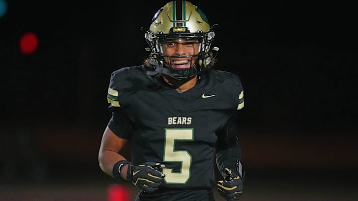 Basha receiver Gio Richardson (5) smiles against ALA Queen Creek during an Open Semifinal game at Dobson High School on Nov. 30, 2024. Basha receiver Gio Richardson (5) smiles against ALA Queen Creek during an Open Semifinal game at Dobson High School on Nov. 30, 2024.