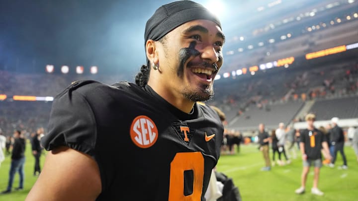 Nov 2, 2024; Knoxville, Tennessee, USA; Tennessee Volunteers quarterback Nico Iamaleava (8) walks off the field after defeating the Kentucky Wildcats at Neyland Stadium. Mandatory Credit: Saul Young/USA TODAY Network via Imagn Images
