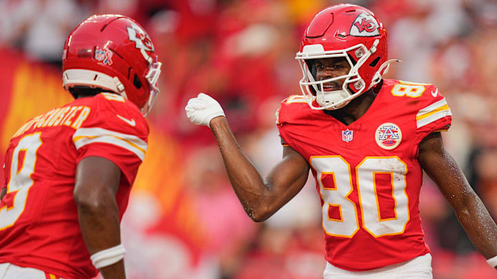 Kansas City Chiefs wide receiver Tyquan Thornton (80) celebrates after scoring a touchdown against the Philadelphia Eagles during the fourth quarter of the game at GEHA Field at Arrowhead Stadium.