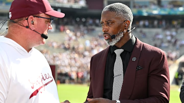 Oct 5, 2024; College Station, Texas, USA; SEC Nation analyst Roman Harper with Texas A&M Aggies head coach Mike Elko prior to the game between the Texas A&M Aggies and the Missouri Tigers at Kyle Field. Mandatory Credit: Maria Lysaker-Imagn Images. Oct 5, 2024; College Station, Texas, USA; SEC Nation analyst Roman Harper with Texas A&M Aggies head coach Mike Elko prior to the game between the Texas A&M Aggies and the Missouri Tigers at Kyle Field. Mandatory Credit: Maria Lysaker-Imagn Images.