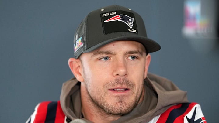 Feb 5, 2026; Santa Clara, CA, USA; New England Patriots linebacker Robert Spillane (14) talks to media members at the Santa Clara Marriott. Mandatory Credit: Darren Yamashita-Imagn Images