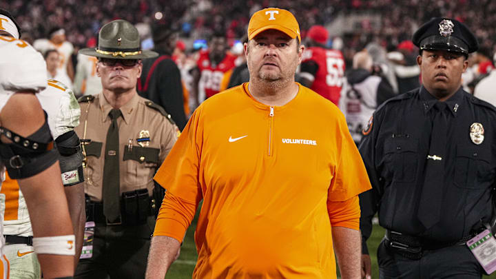 Nov 16, 2024; Athens, Georgia, USA; Tennessee Volunteers head coach Josh Heupel shown walking off the field after the game against the Georgia Bulldogs at Sanford Stadium. Mandatory Credit: Dale Zanine-Imagn Images