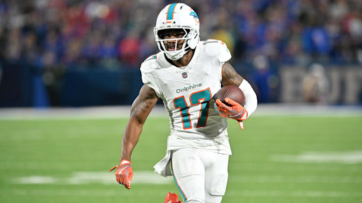 Sep 18, 2025; Orchard Park, New York, USA; Miami Dolphins wide receiver Jaylen Waddle (17) runs against the Buffalo Bills in the fourth quarter at Highmark Stadium. Mandatory Credit: Mark Konezny-Imagn Images