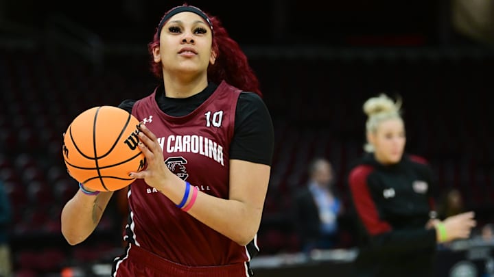 Apr 4, 2024; Cleveland, OH, USA; South Carolina Gamecocks center Kamilla Cardoso (10) drives during her team's open practice session ahead of the NCAA Women's Final Four