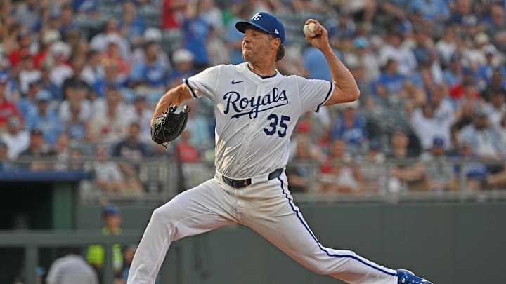 Jul 28, 2025; Kansas City, Missouri, USA;  Kansas City Royals starting pitch Rich Hill (35) throws a pitch in the first inning against the Atlanta Braves at Kauffman Stadium. Mandatory Credit: Peter Aiken-Imagn Images