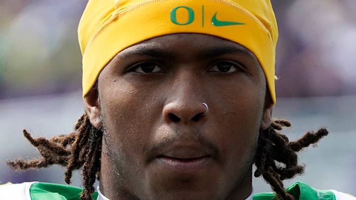 Sep 13, 2025; Evanston, Illinois, USA; Headshot of Oregon Ducks wide receiver Dakorien Moore (1) against the Northwestern Wildcats during the second half at Northwestern Medicine Field at Martin Stadium. Mandatory Credit: David Banks-Imagn Images Sep 13, 2025; Evanston, Illinois, USA; Headshot of Oregon Ducks wide receiver Dakorien Moore (1) against the Northwestern Wildcats during the second half at Northwestern Medicine Field at Martin Stadium. Mandatory Credit: David Banks-Imagn Images