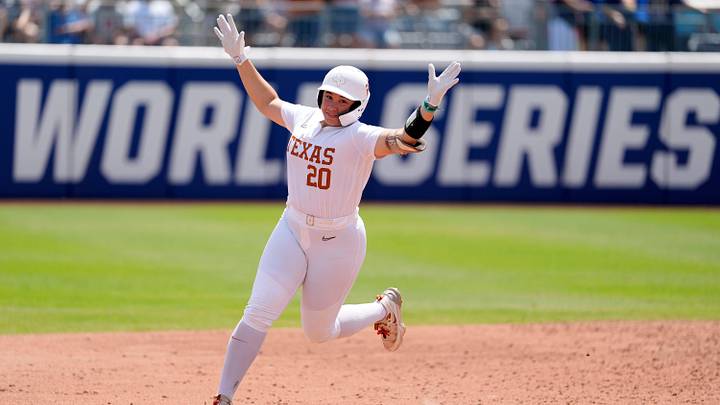 Texas utility Katie Stewart (20) celebrates after hitting a home run in the fourth inning of a Women's College World Series softball game between the Tennessee Volunteers and the Texas Longhorns at Devon Park in Oklahoma City, Monday, June 2, 2025. Texas won 2-0. Texas utility Katie Stewart (20) celebrates after hitting a home run in the fourth inning of a Women's College World Series softball game between the Tennessee Volunteers and the Texas Longhorns at Devon Park in Oklahoma City, Monday, June 2, 2025. Texas won 2-0.