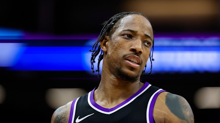 Apr 16, 2025; Sacramento, California, USA; Sacramento Kings forward DeMar DeRozan (10) looks on during the fourth quarter against the Dallas Mavericks at Golden 1 Center. Mandatory Credit: Sergio Estrada-Imagn Images