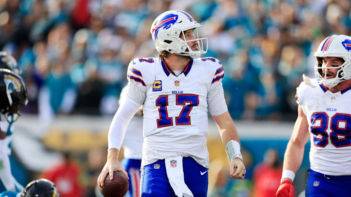 Buffalo Bills quarterback Josh Allen (17) looks on during the fourth quarter of an NFL football AFC Wild Card playoff matchup, Sunday, Jan. 11, 2026, in Jacksonville, Fla. The Bills defeated the Jaguars 27-24