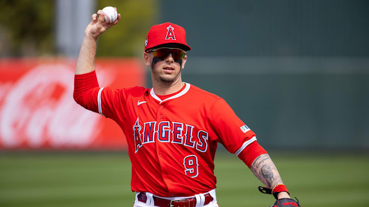 Feb 24, 2024; Tempe, Arizona, USA; Los Angeles Angels shortstop Zach Neto against the Los Angeles Dodgers during a spring training game at Tempe Diablo Stadium. Mandatory Credit: Mark J. Rebilas-Imagn Images