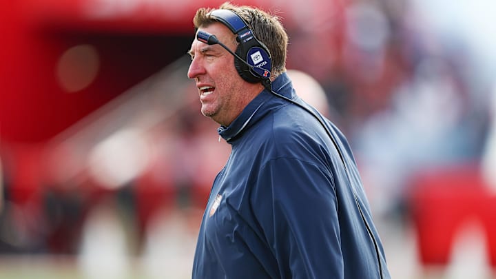 Nov 23, 2024; Piscataway, New Jersey, USA; Illinois Fighting Illini head coach Bret Bielema looks on during the first half against the Rutgers Scarlet Knights at SHI Stadium. Mandatory Credit: Vincent Carchietta-Imagn Images