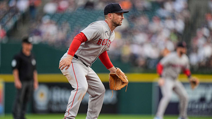 Boston Red Sox third baseman Alex Bregman (2) looks on during the fourh inning against Detroit Tigers at Comerica Park in Detroit on Wednesday, May 14, 2025. Boston Red Sox third baseman Alex Bregman (2) looks on during the fourh inning against Detroit Tigers at Comerica Park in Detroit on Wednesday, May 14, 2025.