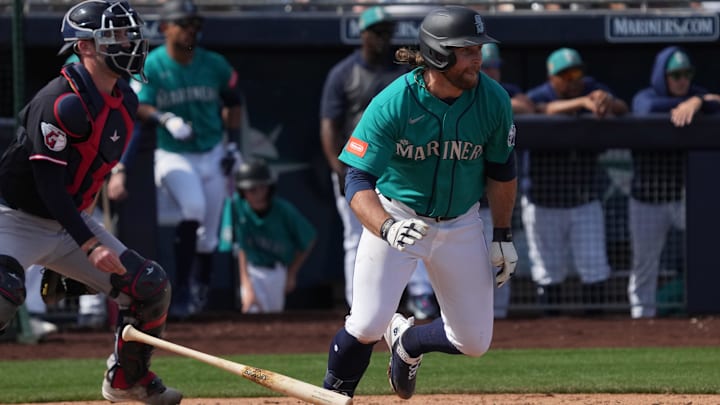 Feb 26, 2026; Peoria, Arizona, USA; Seattle Mariners second baseman Brendan Donovan (33) bats against the Cleveland Guardians in the second inning at Peoria Sports Complex. Mandatory Credit: Rick Scuteri-Imagn Images Feb 26, 2026; Peoria, Arizona, USA; Seattle Mariners second baseman Brendan Donovan (33) bats against the Cleveland Guardians in the second inning at Peoria Sports Complex. Mandatory Credit: Rick Scuteri-Imagn Images