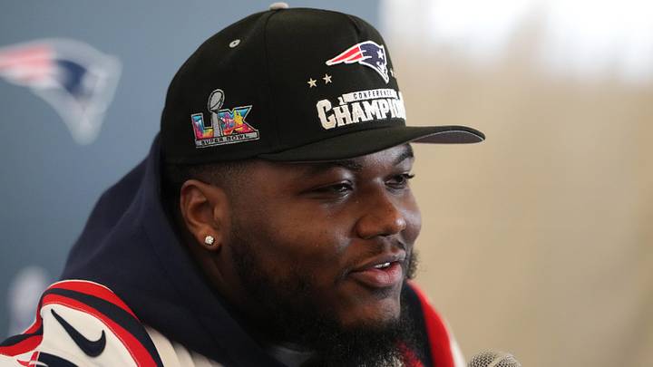 Feb 5, 2026; Santa Clara, CA, USA; New England Patriots defensive end Milton Williams (97) talks to media members at the Santa Clara Marriott. Mandatory Credit: Darren Yamashita-Imagn Images