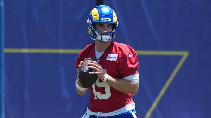 Jun 2, 2026; Woodland Hills, CA, USA; Los Angeles Rams quarterback Ty Simpson (15) throws the ball during organized team activities at Rams Practice Facility. Mandatory Credit: Kirby Lee-Imagn Images
