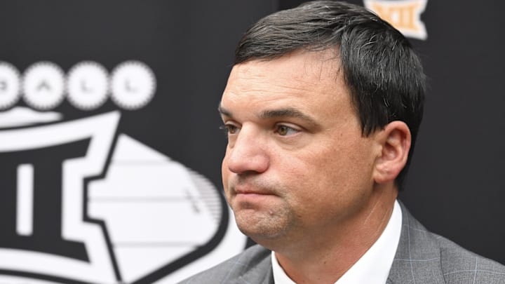 West Virginia Mountaineers head coach Neal Brown speaks to the media during the Big 12 Media Days at Allegiant Stadium.