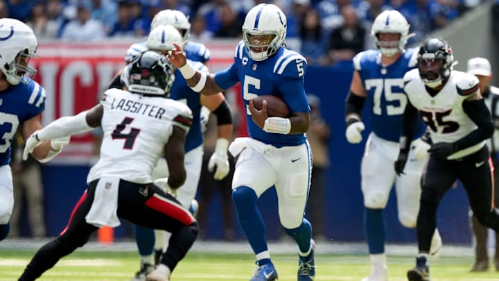 Indianapolis Colts quarterback Anthony Richardson (5) rushes the ball Sunday, Sept. 8, 2024, during a game against the Houston Texans at Lucas Oil Stadium in Indianapolis.