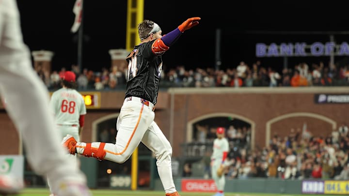 Jul 8, 2025; San Francisco, California, USA; San Francisco Giants catcher Patrick Bailey (14) runs home after hitting a three-run home run off Philadelphia Phillies relief pitcher Jordan Romano (68) for a walk-off win during the ninth inning at Oracle Park. Mandatory Credit: Kelley L Cox-Imagn Images