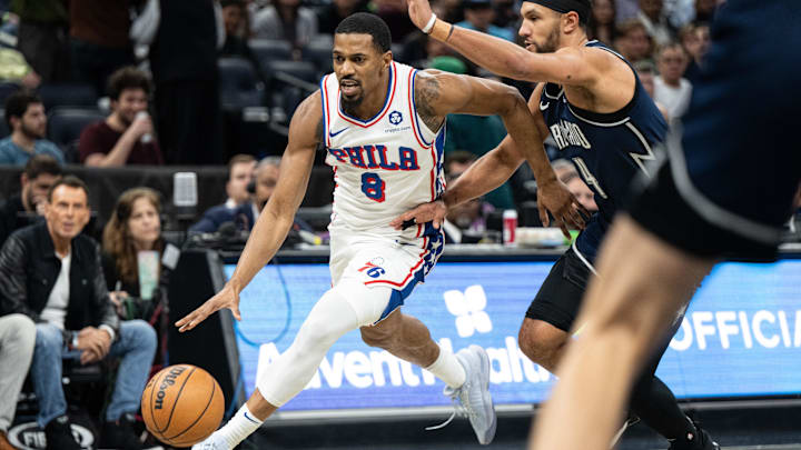 Dec 27, 2023; Orlando, Florida, USA; Philadelphia 76ers small guard De'Anthony Melton (8) dribbles