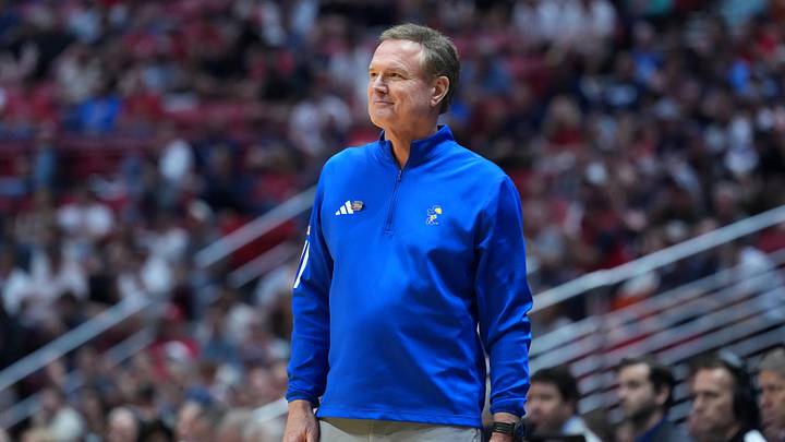 Mar 22, 2026; San Diego, CA, USA; Kansas Jayhawks head coach Bill Self looks on in the first half against the St. John's Red Storm during a second round game of the men's 2026 NCAA Tournament at Viejas Arena. Mandatory Credit: Kirby Lee-Imagn Images