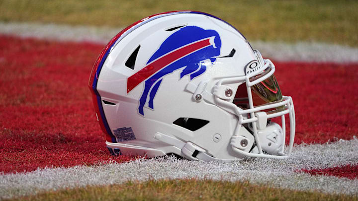 Jan 26, 2025; Kansas City, MO, USA; A detailed view of the Buffalo Bills helmet before the AFC Championship game against the Kansas City Chiefs at GEHA Field at Arrowhead Stadium. Mandatory Credit: Denny Medley-Imagn Images