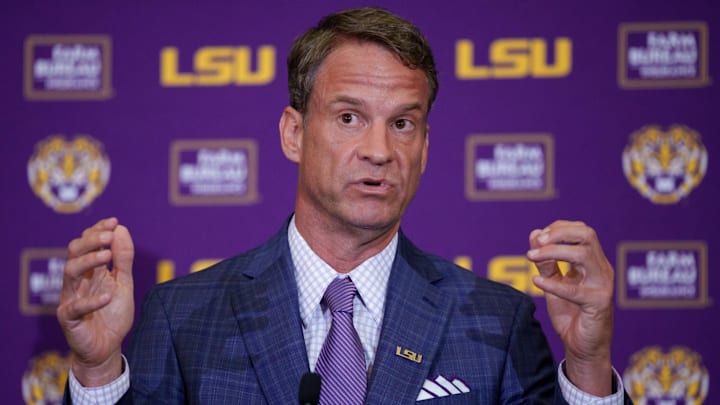 Dec 1, 2025; Baton Rouge, LA, USA; LSU new head coach Lane Kiffin speaks at South Stadium Club at Tiger Stadium. Mandatory Credit: Matthew Hinton-Imagn Images